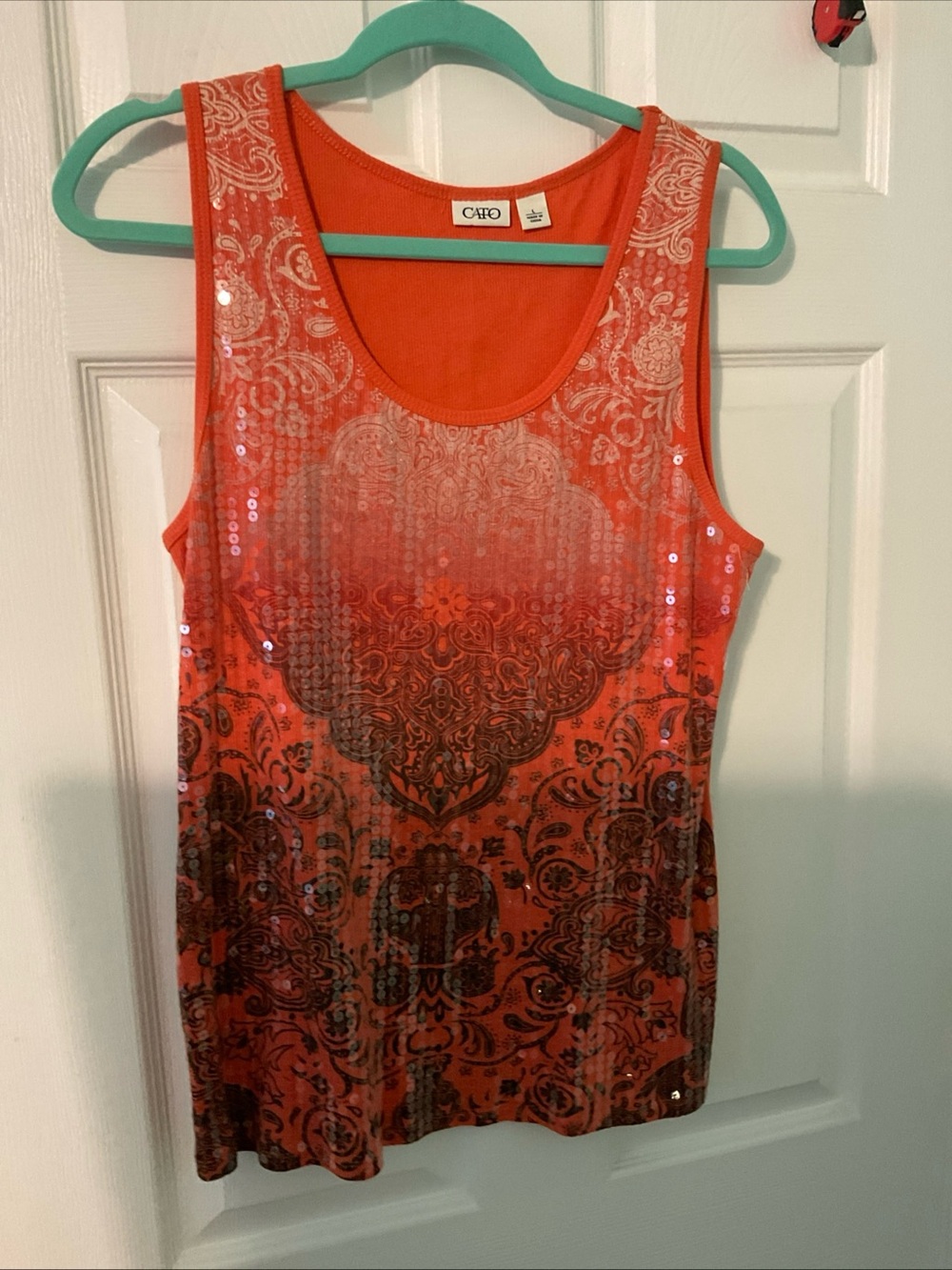 Cato Orange Paisley Sequin Scoop Neck Tank Top